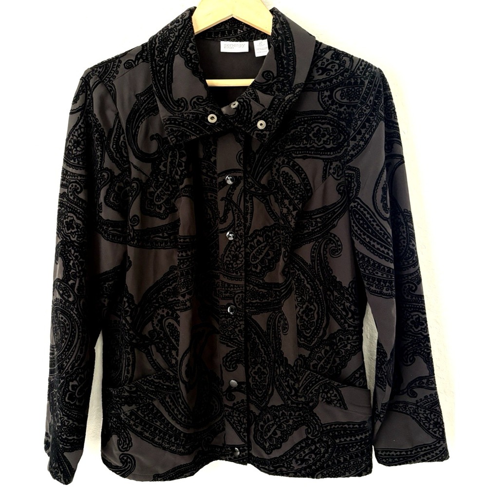 Zenergy Chicos Velvet Paisley Lightweight Black Jacket Mandarin Collar Snap 6/8